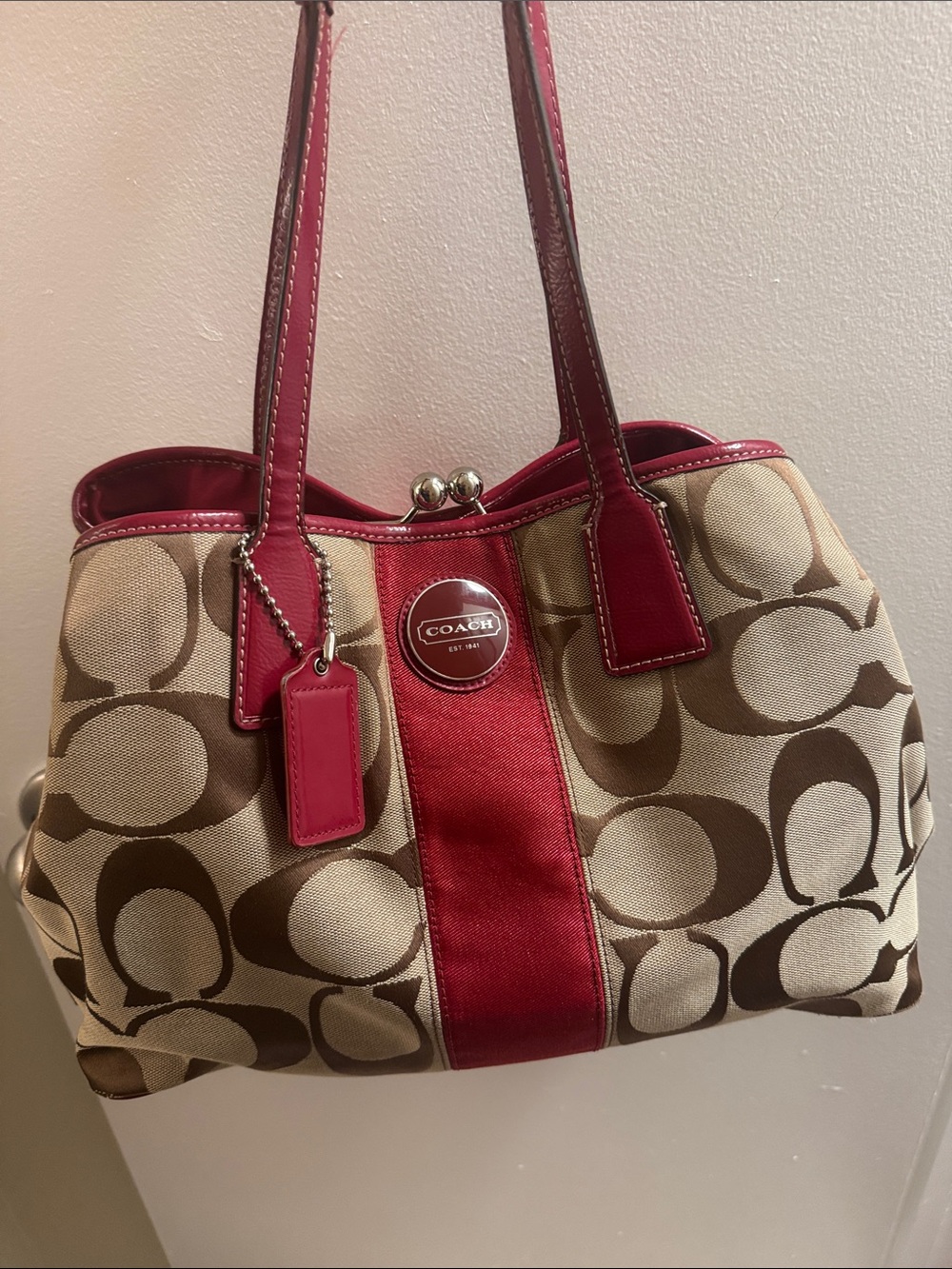 Coach Beige & Brown Signature Canvas Shoulder Bag with Red Trim